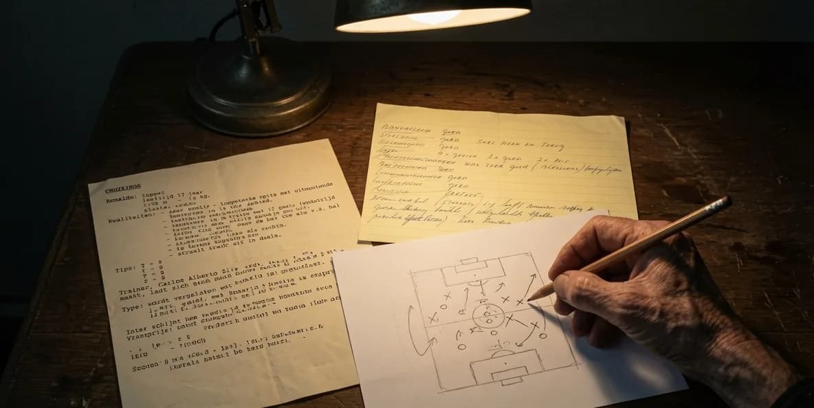 Handgeschreven scoutingrapporten en een getekend wedstrijdveld onder een bureaulamp
